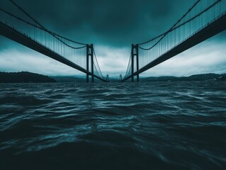 Obraz premium Dramatic View of a Bridge Over Choppy Water Understormy Skies with Dark Clouds and Mystical Atmosphere Capturing Nature's Raw Power and Beauty