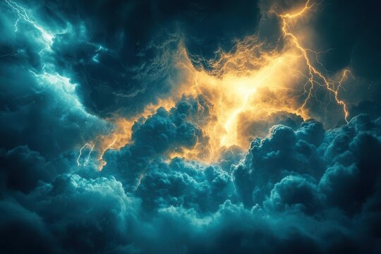 electric thunderstorm illuminating the night sky with vibrant lightning rays piercing through dark clouds, creating a dramatic and thrilling atmosphere punctuated by electricity and energy