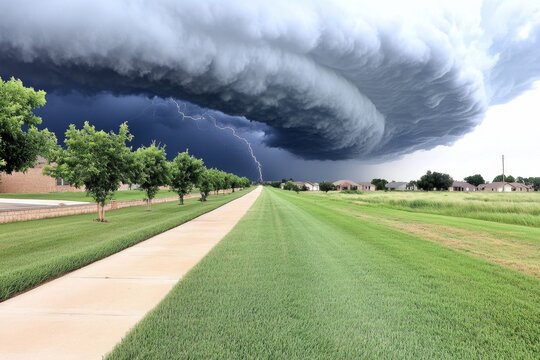 A dramatic image of dark thunderstorm clouds rolling in over a rural field, with lightning flashing in the distance