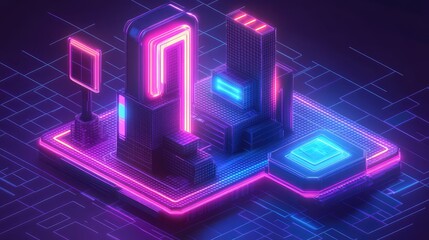 Futuristic Cityscape with Neon Lights and Digital Elements