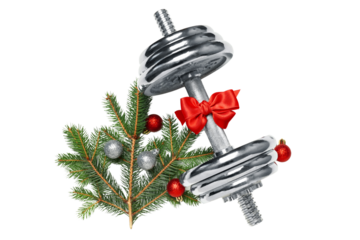 PNG, Sport, new year, silver dumbbell with bow, isolated on white background.