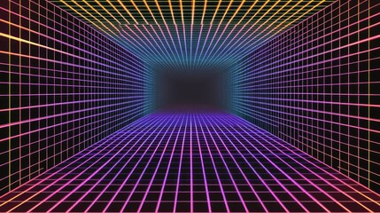 Obraz premium Neon Grid Tunnel with Vibrant Lines and Futuristic Perspective