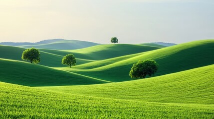 Obraz premium Lush Green Rolling Hills with Isolated Trees on a Clear Day