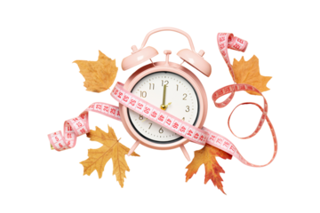 PNG, Autumn smart, a clock with a centimeter, isolated on a white background.