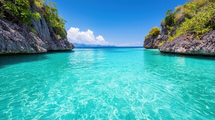 Fototapeta premium Serene Tropical Paradise with Crystal Clear Water and Lush Mountains