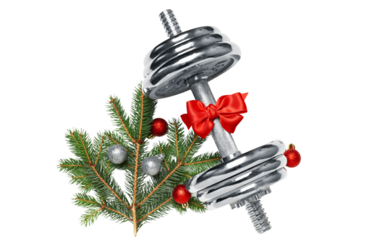 PNG, Sport, new year, silver dumbbell with bow, isolated on white background.