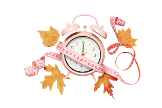 PNG, Autumn smart, a clock with a centimeter, isolated on a white background.