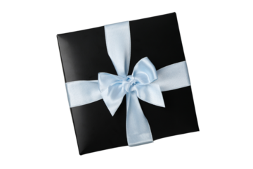 PNG, Mystery box, black with blue bow, isolated on white background.