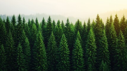 Obraz premium Lush Green Pine Forest Under Soft Morning Light at Dusk