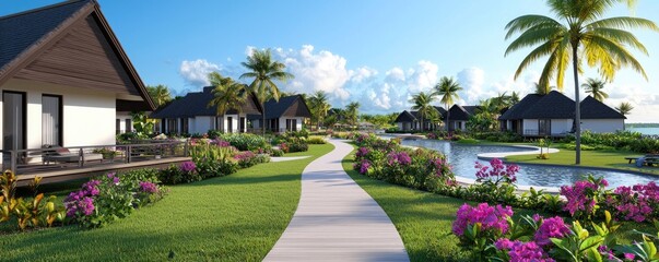 A serene tropical resort featuring lush gardens, palm trees, and elegant bungalows along a winding pathway by the water.