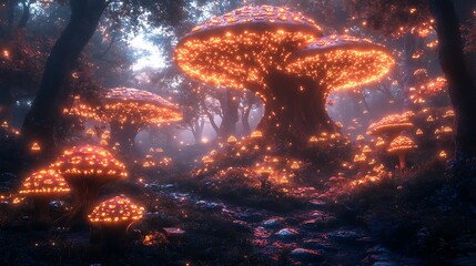 Brightly glowing mushrooms scattered under a canopy of mystical trees