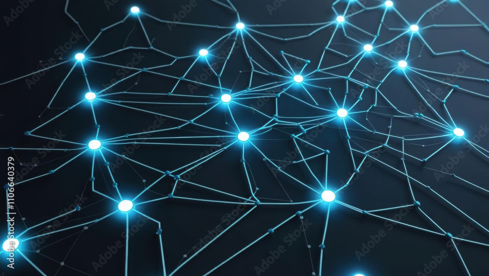 Poster neural network visualization in dynamic motion with glowing nodes, showcasing deep blue tones and di