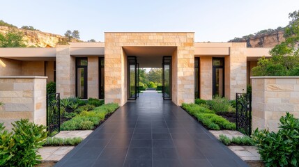 Fototapeta premium Modern Architectural Residence with Lush Green Landscape Pathway