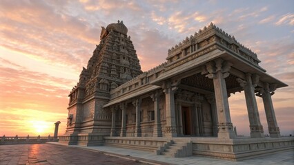 Obraz premium An intricate digital model of a towering temple with elaborate carvings and imposing columns set against a serene virtual sunset.