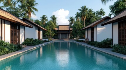 Fototapeta premium Serene Tropical Retreat with Pool Surrounded by Lush Palm Trees