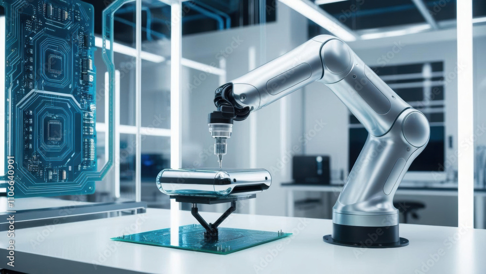 Poster ai driven robotic arm assembling smart device in high tech lab, showcasing glowing circuits and futu