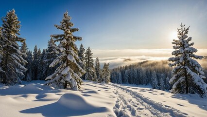 Obraz premium Winter landscape with mountain forest, trees covered in snow, tracks in the snow 