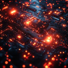 A close-up view of a futuristic circuit board with glowing red lights.