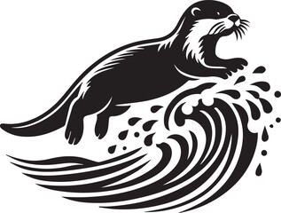 Otter leaping through waves black silhouette vector