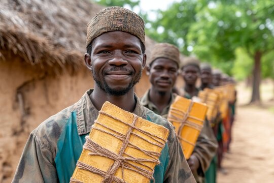 A group of missionaries holding their Bibles as they prepare to travel to a remote village