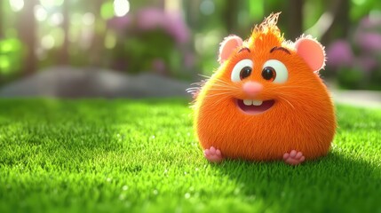 Cute Orange Cartoon Hamster Character Sitting on Green Grass