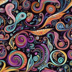 Obraz premium Seamless pattern of ornate paisley swirls in vibrant jewel tones on a black background.