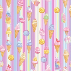 Seamless pattern of pastel ice cream cones, popsicles, and candies on a striped background1