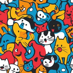 Fototapeta premium Seamless pattern of playful cartoon cats and dogs in bright, cheerful colors