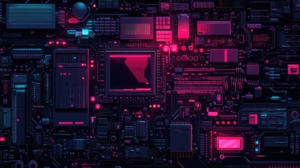 Fototapeta premium Futuristic Circuit Board Design with Neon Elements and Dark Background