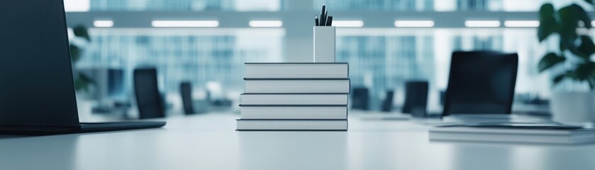 Modern Office Workspace with Stacked Books on Table Amidst Minimalistic Decor and Natural Light from Large Windows in Contemporary High-Rise Building