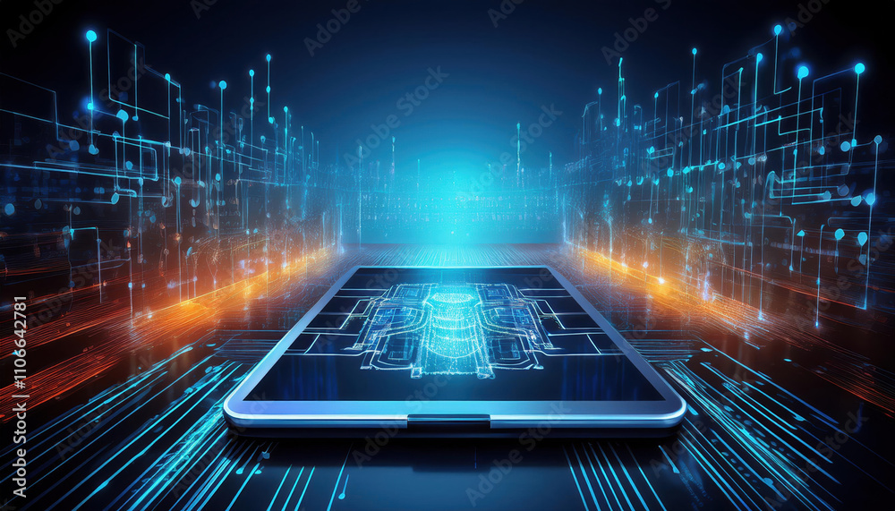 Poster futuristic digital tablet with glowing blockchain paths and security layers, representing advanced f