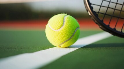 Tennis racket and ball on green grass concept. Tennis Ball Rolling on Freshly Painted Court