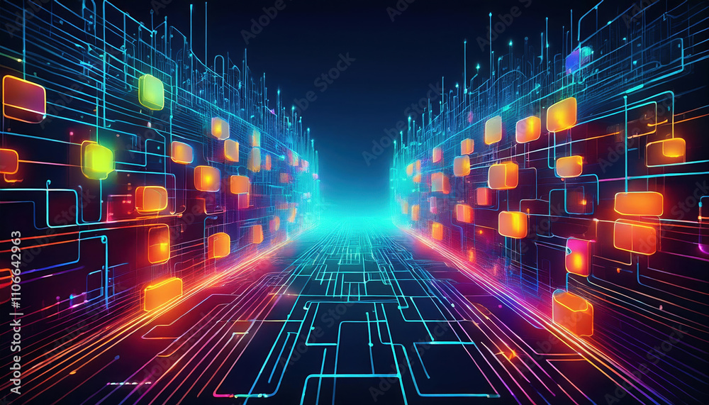 Poster vibrant digital grid with colorful blocks and glowing lines, representing modern blockchain technolo