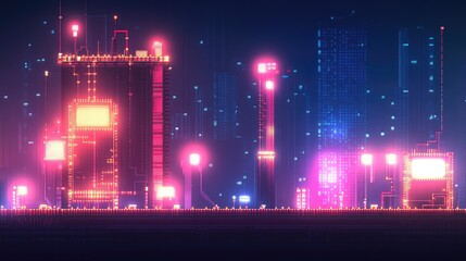 Fototapeta premium Vibrant Cityscape with Neon Lights and Futuristic Digital Buildings