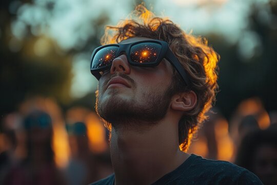 excited crowd of people gathering in a park, wearing solar viewing glasses, captivated by the majestic solar eclipse overhead, creating a thrilling, shared experience