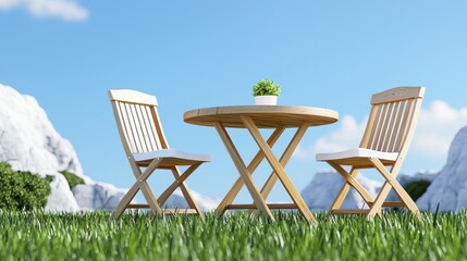 Fototapeta premium Serene Outdoor Table & Chairs in Grass | Minimalist design