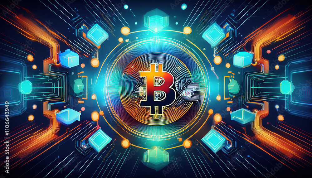 Poster Vibrant blockchain patterns and secure financial systems create dynamic visual representation of digital currency. This cutting edge design showcases essence of cryptocurrency