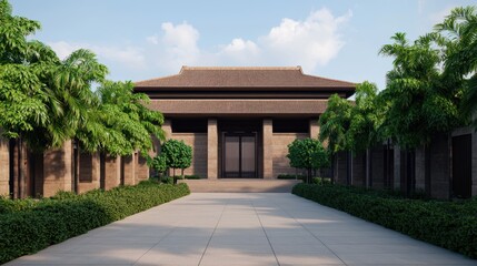 Elegant Traditional Architecture Surrounded by Lush Greenery