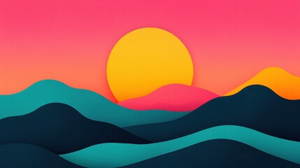 Vibrant Sunset Over Abstract Mountain Landscape with Gradient Sky