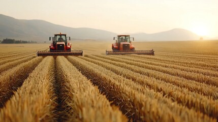 Fototapeta premium Corn harvest farming abundance concept. Harvesting in a Vast Agricultural Field at Sunset