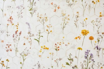A floral pattern featuring various wildflowers arranged in a hexagonal layout.