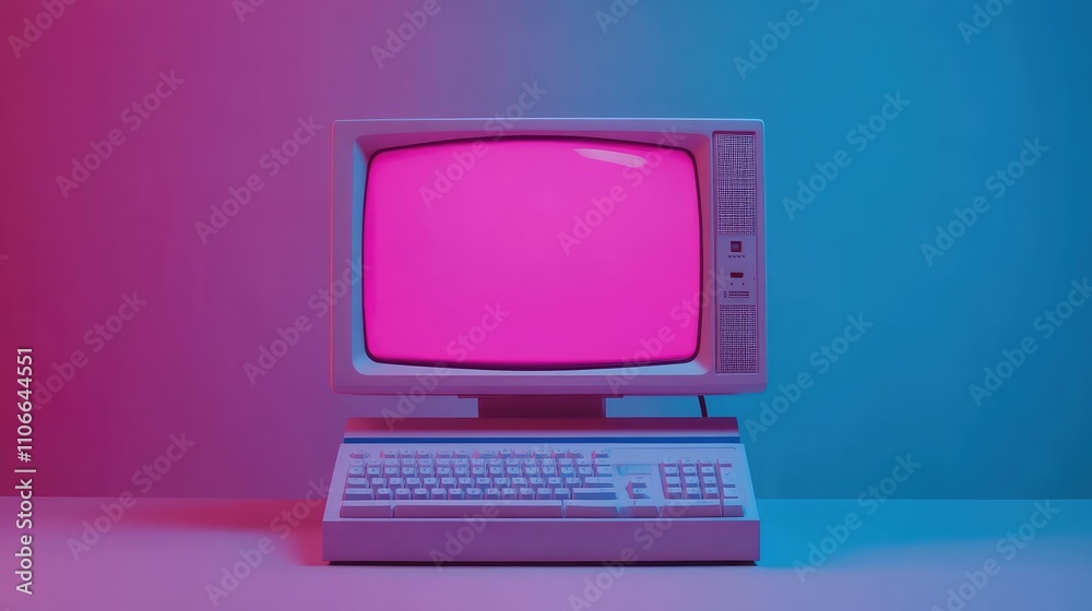 Poster retro computer with blank screen in colorful gradient background