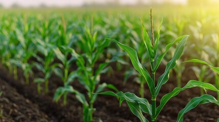 Obraz premium Corn harvest farming abundance concept. Sustainable Cornfield with Efficient Irrigation System