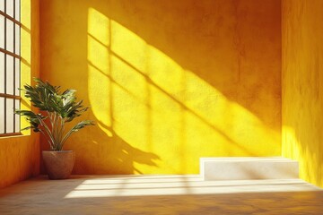Yellow Room With Plant Pot And White Platform