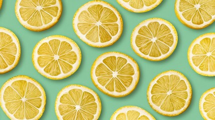 Fresh Lemon Slices on Bright Colorful Background in Flat Lay Style