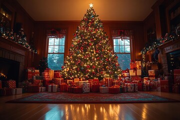 Fototapeta premium festively decorated christmas tree standing tall, adorned with colorful ornaments, twinkling lights, and glimmering tinsel, surrounded by presents, radiating warmth and joy during the holiday season