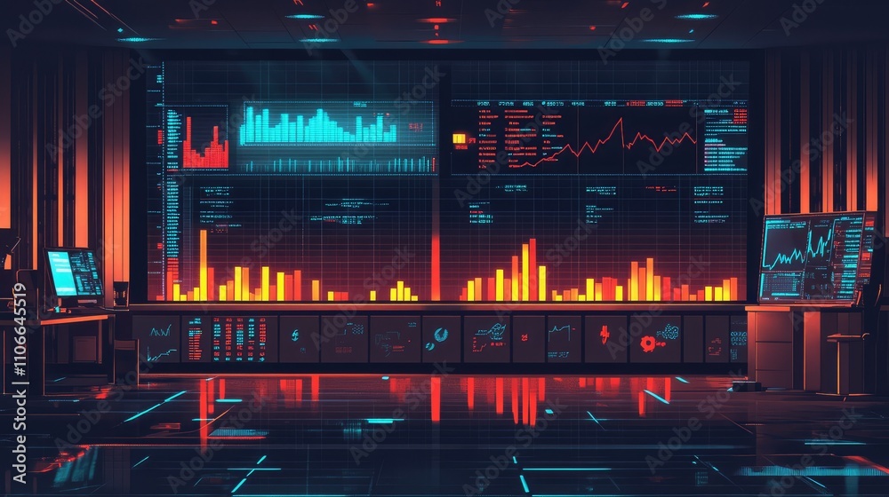 Poster high-tech data visualization dashboard with colorful graphics