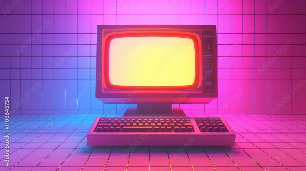 Poster retro computer setup with neon glow and colorful background