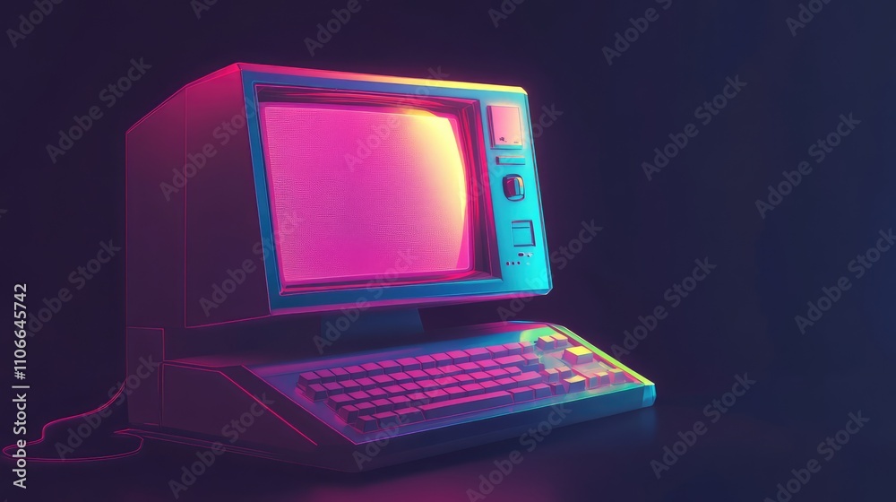 Poster retro computer with glowing screen and keyboard in neon colors