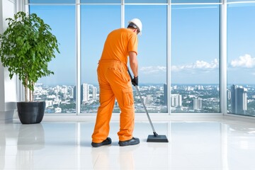 Fototapeta premium A professional cleaner polishing a large glass conference table in a modern office building